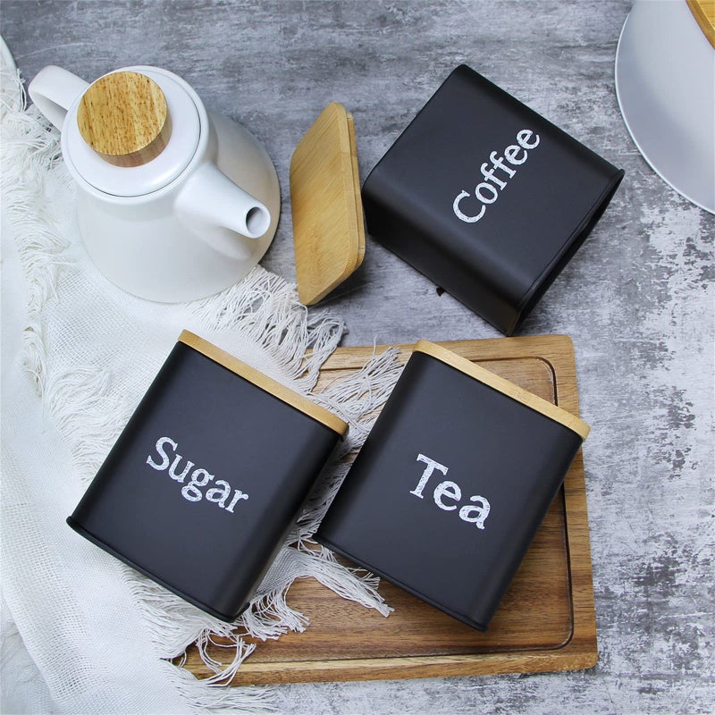 SOTECH 3 Pcs Kitchen Canister Set Coffee Sugar and Tea Storage Container Jars Metal with Bamboo Lid Square Black Snack Kitchen Food Storage Containers (Black jars) - Image 3
